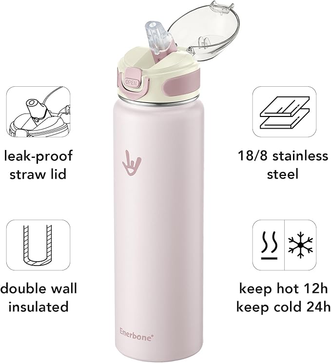 Enerbone 32 oz Insulated Water Bottle, Stainless Steel Bottle with Carrying Strap, Double-Wall Vacuum Insulation Design, Leakproof Sports Bottle with Straw, Keep Drinks Cold or Hot for Hours-PawvioPets