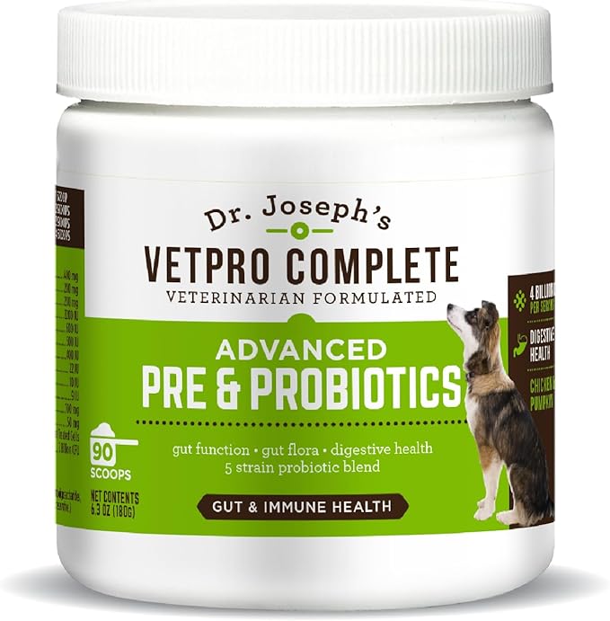Dr. Joseph's VetPro Complete Advanced Powdered Pre & Probiotics for Dogs, 90 Scoops, Supports Gut Health, Diarrhea, Digestive Health & Seasonal Allergies, Chicken/Pumpkin Flavor, Add to Food-PawvioPets