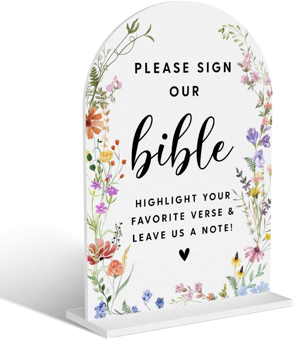 Acrylic Wedding Signs, Please Sign Our Bible Signs for Marriage Reception, Bridal Shower Decorations, Modern Arched Round Top Acrylic Table Top Sign with Holder for Wedding Party (White Wildflowers)