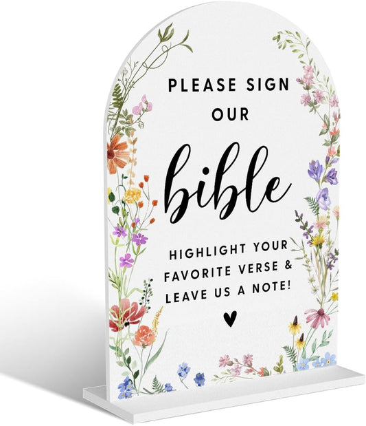 Acrylic Wedding Signs, Please Sign Our Bible Signs for Marriage Reception, Bridal Shower Decorations, Modern Arched Round Top Acrylic Table Top Sign with Holder for Wedding Party (White Wildflowers)