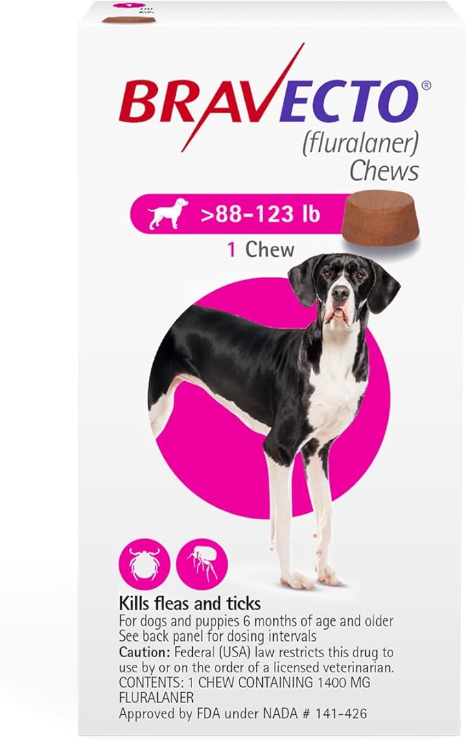 BRAVECTO Chew for Dogs, Flea & Tick, 1 Chew, 12 Week Supply, 88-123 lbs., Pink Box-PawvioPets