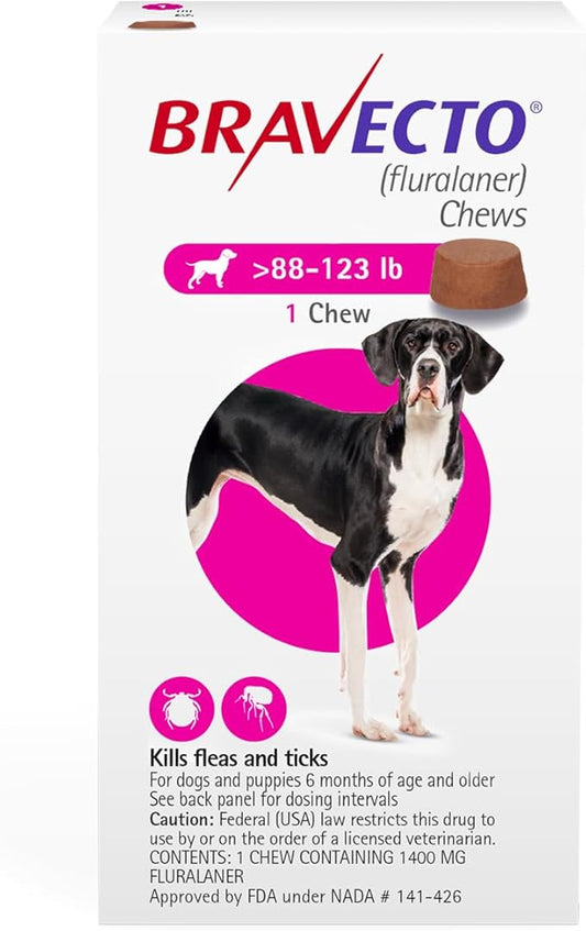 BRAVECTO Chew for Dogs, Flea & Tick, 1 Chew, 12 Week Supply, 88-123 lbs., Pink Box-PawvioPets