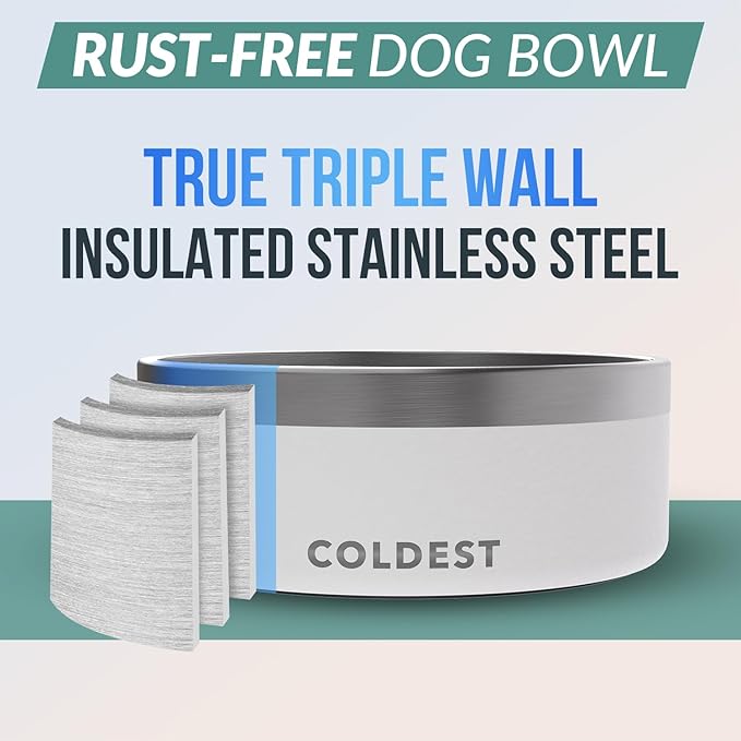 Coldest Dog Bowl - Anti Rust Metal, Non Slip, 3 Layers Insulated Stainless Steel Dog Bowls - Spill Proof & Heavy Duty - Water Bowl for Dogs, Cats & Pets, Dish Washer Safe (64 oz, Epic White)-PawvioPets