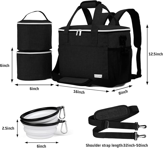 BAGLHER Dog Travel Bag Backpack Pet Supplies Backpack Pet Accessories Storage Bag 5-Piece Set with Shoulder Strap 2 Lined Pet Food Containers 4 Foldable Feeding Bowls Essential Kit for Pet Travel-PawvioPets