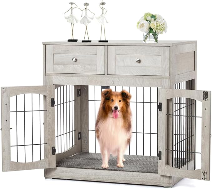 Dog Crate Furniture for Medium Dogs, Wooden Dog Kennel Indoor with Double Doors, Dog Cage with Cushion & Drawers, Dog House Side End Table for Small Medium Dogs up to 45 lb, 31.5” L, Grey-PawvioPets