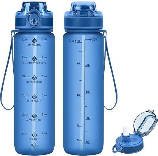 32oz Motivational Water Bottles with Time Marker & Fruit Strainer, Transparent Gradient Color Water Bottle with Times to Drink, Leakproof & BPA Free, Reusable Bottle with Strap (No Straw)-PawvioPets