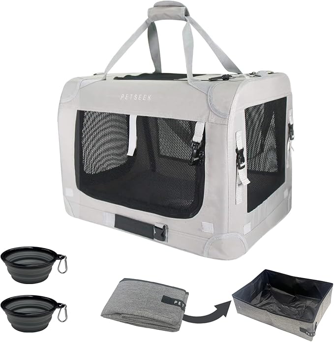 Extra Extra Large Cat Carrier Soft Sided, Portable Small Dog Carrier for 2 Cats, 24"x16.5"x16" Car Travel Folding Comfortable Design with Litter Box and Bowls, Grey+ Litter Box+ Bowl*2-PawvioPets