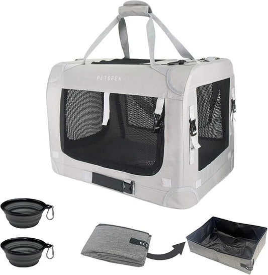 Extra Extra Large Cat Carrier Soft Sided, Portable Small Dog Carrier for 2 Cats, 24"x16.5"x16" Car Travel Folding Comfortable Design with Litter Box and Bowls, Grey+ Litter Box+ Bowl*2-PawvioPets
