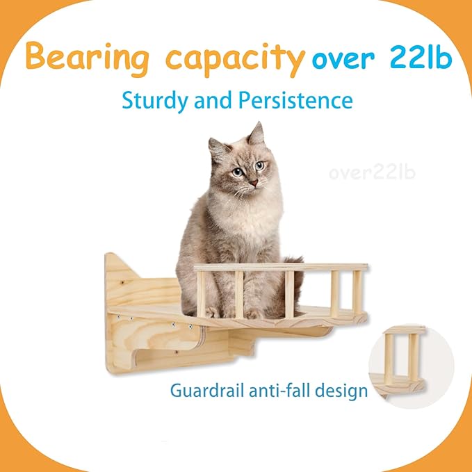 9-Piece Wall-Mounted Cat Shelves Set, House, Lookout Tower, 2 Sisal Scratching Posts, 5-Step Cat Wall Ladder, Pine Furniture, Extra-Wide & Long for Large Cats, Space-Saving Indoor Shelves-PawvioPets