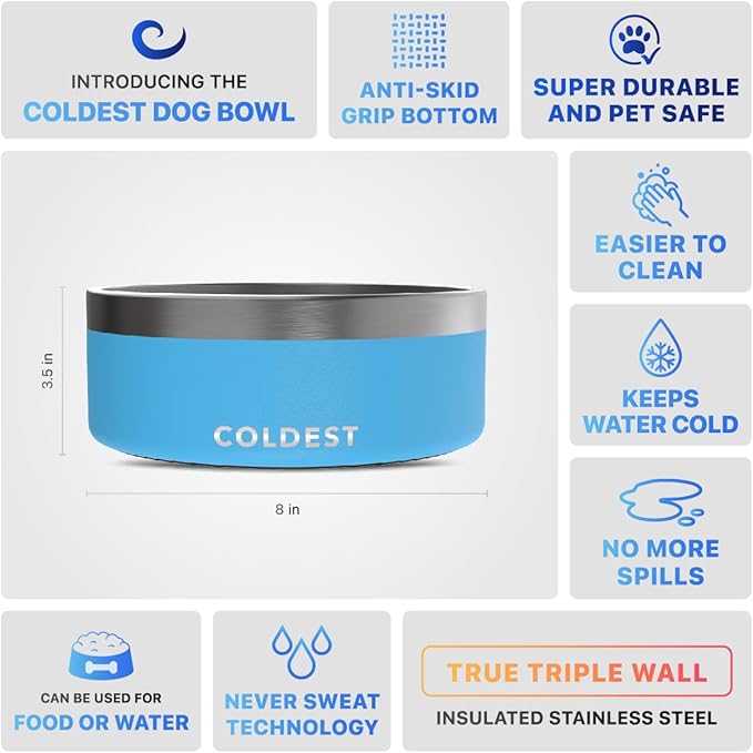Coldest Dog Bowl - Anti Rust Metal, Non Slip, 3 Layers Insulated Stainless Steel Dog Bowls - Spill Proof & Heavy Duty - Water Bowl for Dogs, Cats & Pets, Dish Washer Safe (64 oz, Celestial Blue)-PawvioPets