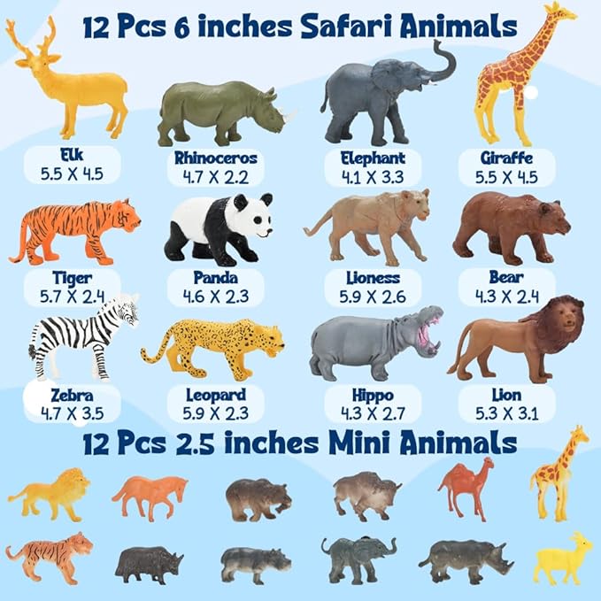 24Pcs Safari & Zoo Animals Figures, Realistic Plastic Animal Toys Set for Kids 1 2 3, Lion, Elephant, Perfect for Play, Education, Baby Shower Decor,Party Supplies Cake Topper-PawvioPets