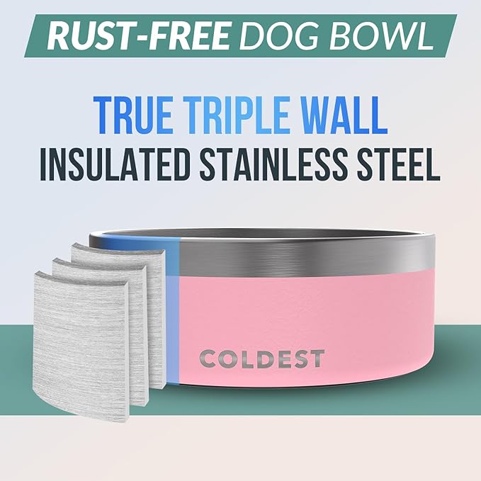 Coldest Dog Bowl - Anti Rust Metal, Non Slip, 3 Layers Insulated Stainless Steel Dog Bowls - Spill Proof & Heavy Duty - Water Bowl for Dogs, Cats & Pets, Dish Washer Safe (64 oz,Cotton Candy Pink)-PawvioPets