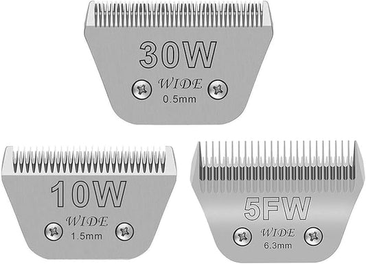 3PCS Wide Blades for Dog Grooming Blades Compatible with Andis,Oster A5,Wahl km10 Dog Clippers Stainless Steel Blades Blades for Animal Dog,Cat,Horse,Silver Size #10W+30W+5FW-PawvioPets