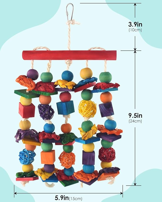 Bird Toys, 2PCS Parrot Foraging Hanging Toy, Multicolored Natural Wooden Blocks Parakeet Chewing Toys mit Rattan Wicker Balls, for Medium Small Cockatoos Budgie Lovebird Cockatiel Conure-PawvioPets