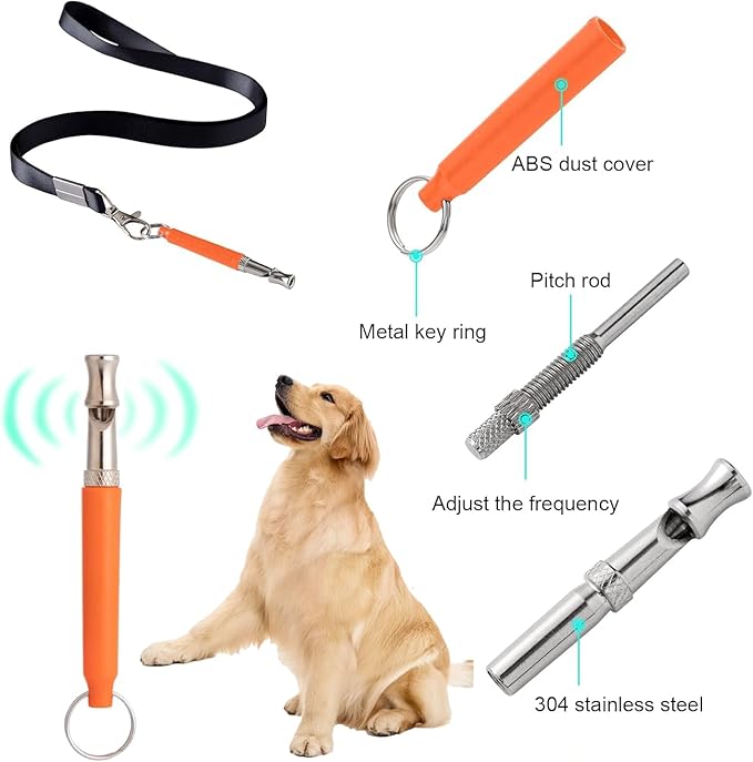 3 PCS Dog Whistles Set, Adjustable Recall Dog Training Whistle Silent Dog Whistle to Stop Barking with Lanyard,Dog Clicker(Orange)-PawvioPets