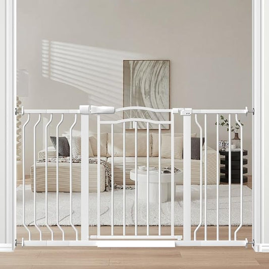 Extra Wide Baby Gate for Doorways 29.9"-53.1", Pressure Mounted Dog Gates With Door, Child Safety Barrier Walk Thru Indoor, Large Babygate Long for Kids Toddler Pet Outside, 30 In Tall White-PawvioPets