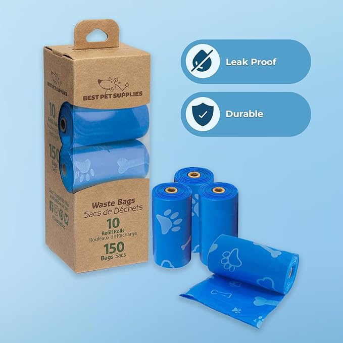 Best Pet Supplies Dog Poop Bags (150 Bags) for Waste Refuse Cleanup, Doggy Roll Replacements for Outdoor Puppy Walking and Travel, Leak Proof and Tear Resistant, Thick Plastic - Blue (Unscented)-PawvioPets
