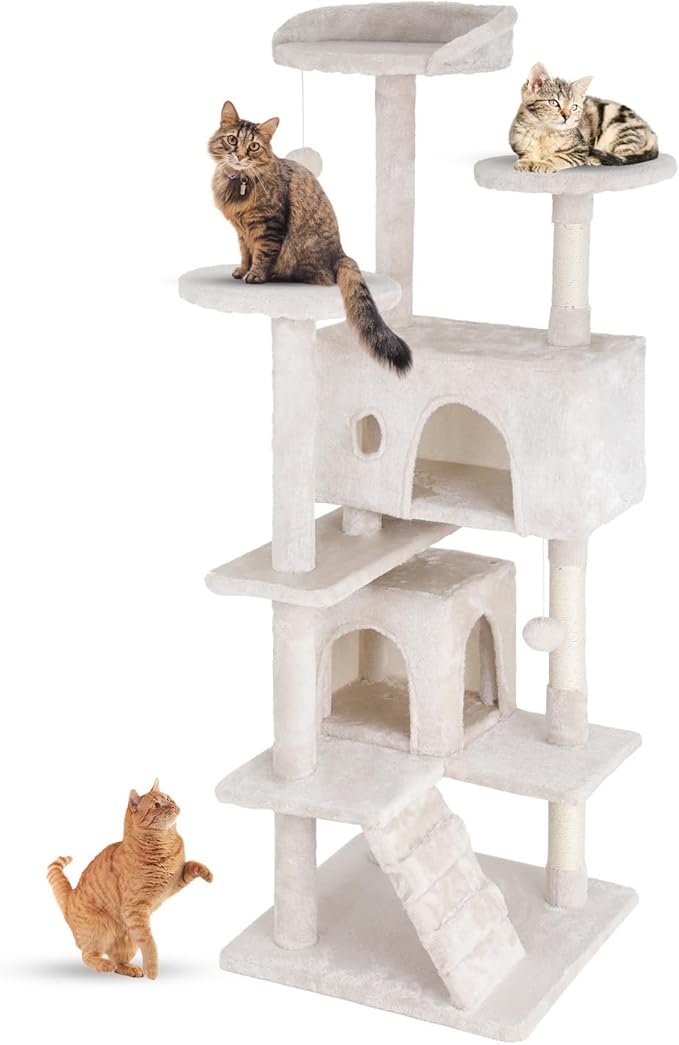 FDW Cat Tree 54in Cat Tower Multi-Level Durable Cat Scratching Post & Cozy Fun Cat Jumping Platform Space Saving Cat Condo Pet Play House for Indoor Cats,Beige-PawvioPets