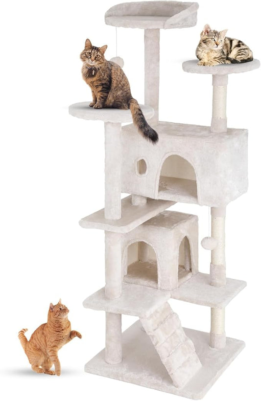 FDW Cat Tree 54in Cat Tower Multi-Level Durable Cat Scratching Post & Cozy Fun Cat Jumping Platform Space Saving Cat Condo Pet Play House for Indoor Cats,Beige-PawvioPets
