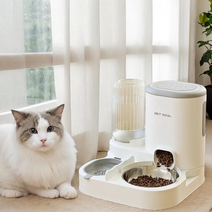 Automatic Cat Feeder & Water Dispenser - Dual Container for Dry/Wet Food, Two-in-One Upgraded Gravity Feeder and Water Dispenser Combo Set for Cats and Dogs. (Grey)-PawvioPets