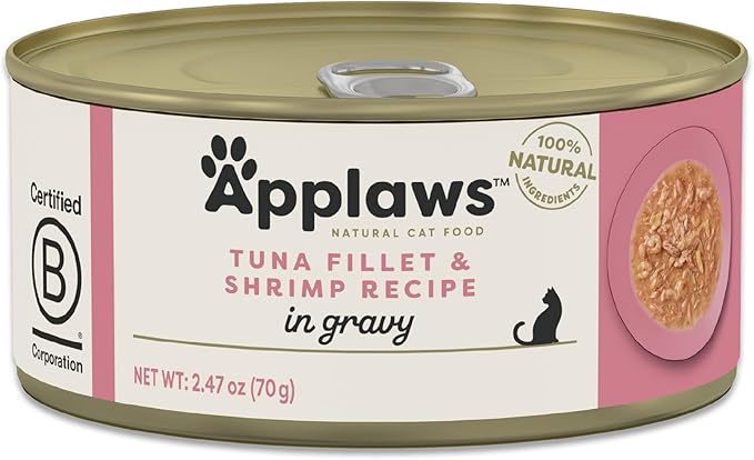Applaws Natural Wet Cat Food in Gravy, Limited Ingredient Canned Wet Cat Food, No Additives, Made with Natural Ingredients, Tuna Fillet & Shrimp in Gravy (24 x 2.47oz Cans)-PawvioPets