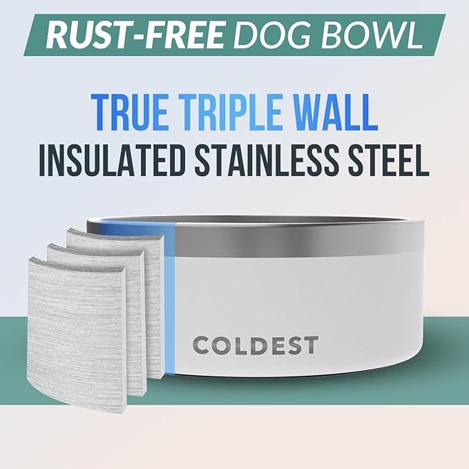 Coldest Dog Bowl - Anti Rust Metal, Non Slip, 3 Layers Insulated Stainless Steel Dog Bowls - Spill Proof & Heavy Duty - Water Bowl for Dogs, Cats & Pets, Dish Washer Safe (100 oz, Epic White)-PawvioPets