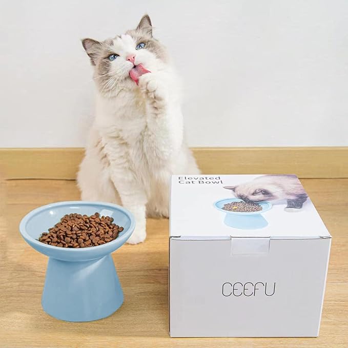 Extra Wide Elevated Ceramic Cat Food Bowl - 6.2" Shallow Dish for Whisker Fatigue Relief, 5" Height for Easy Feeding, Lead & Cadmium Free, Durable Raised Cat Food Bowls, Blue-PawvioPets