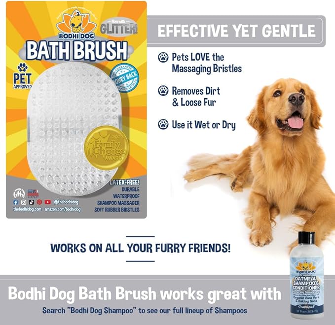 Bodhi Dog Shampoo Brush - Pet Grooming & Bath Supplies for Dogs and Cats - Bath Brush for Long & Short Hair - Premium Scrubber for Shower, Bathing & Massage (One Pack, Silver Glitter)-PawvioPets