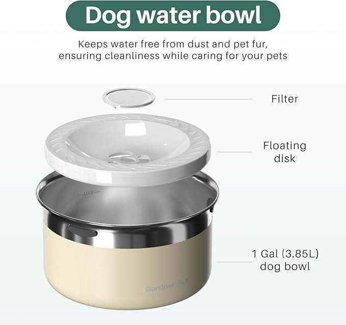 Gardner Pet Dog Bowls 1 Gallon (3.85L) Stainless Steel No Spill Water Bowl, Slow Water Feeder Metal Dog Bowls, Spill Proof Water Dispenser for Large Dogs, Promotes Healthy Hydration(White)-PawvioPets