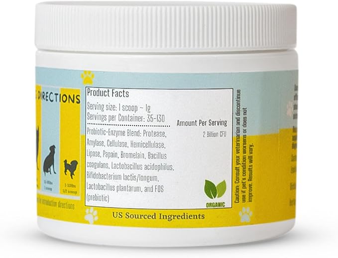 Dog & Cat Probiotics, Prebiotics, & Digestive Enzymes – Flavorless Powder for Gut Health, Allergies, Itchy Skin, Gas & Diarrhea – Organic, Vet-Approved – 65g Bottle (Up to 65 Servings)-PawvioPets