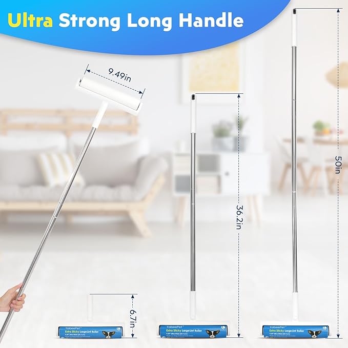 9.49'' Large Lint Rollers for Carpet and Floor, Extra Sticky Giant Rollers with 50'' Long Handle for Carpets, Couch, Floor, Clothing, and Pet Hair Cleaning(1 Pack Floor Roller)-PawvioPets