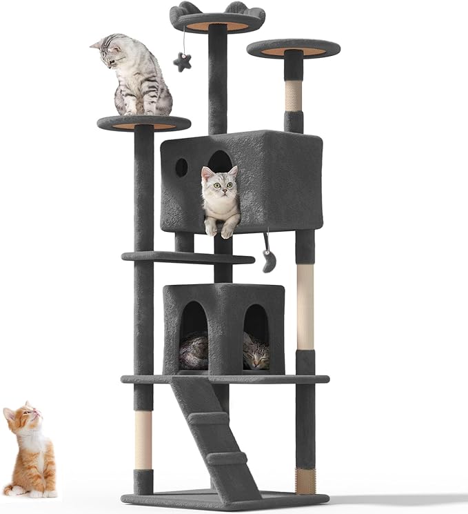 77'' Cat Tree Tower for Indoor Cats Large Adult, Cute/Tall Modern Cat Tree for Big Cats 20 lbs, Plush Multi-Level Cat Condo with Scratching Posts, Dangling Ball (Smoky Gray, 77 inch)-PawvioPets