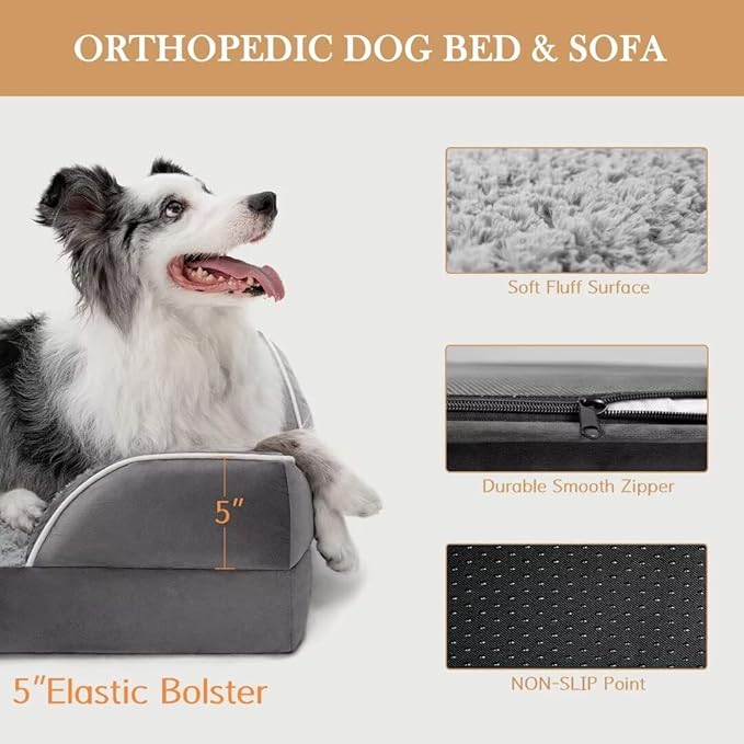 Comfort Expression Memory Foam Dog Beds, Orthopedic Dog Beds for Extra Large Dogs, Waterproof Dogs Beds Jumbo Breed, with Bolster & Removable Cover(Jumbo,Silver Grey)-PawvioPets