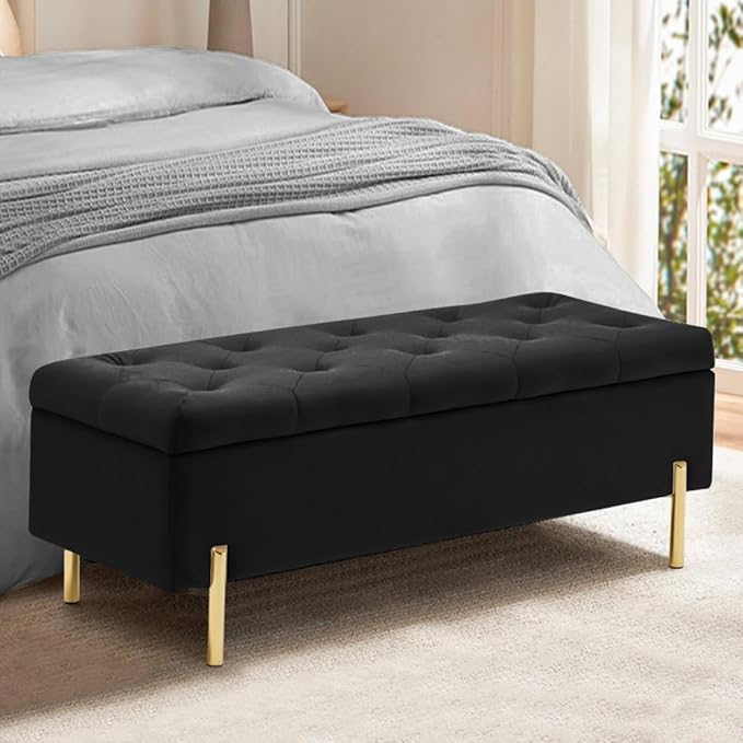 45.6 Inch Velvet Storage Ottoman, Rectangular Accent Bench for Bedroom & Living Room, Black-PawvioPets