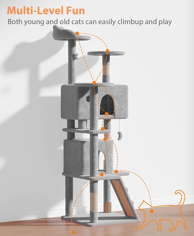 70'' Cat tree Tower for Indoor Cats Large Adult,Cute/Tall Modern Cat Tree for Big Cats 20 lbs,Plush Multi-Level Cat Condo with Scratching Posts,Dangling Ball for fun play(Light Gray, 70 inch)-PawvioPets