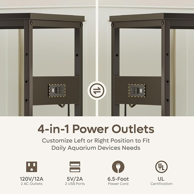 Bestier 20-29 Gallon Fish Tank Stand with Power Outlets, Metal Long Aquarium Stand with Storage Cabinet, 31x15 Reptile Terrarium Stand with Horizontal Gold Line, Stainless Hooks, 350 Lbs(Black)-PawvioPets
