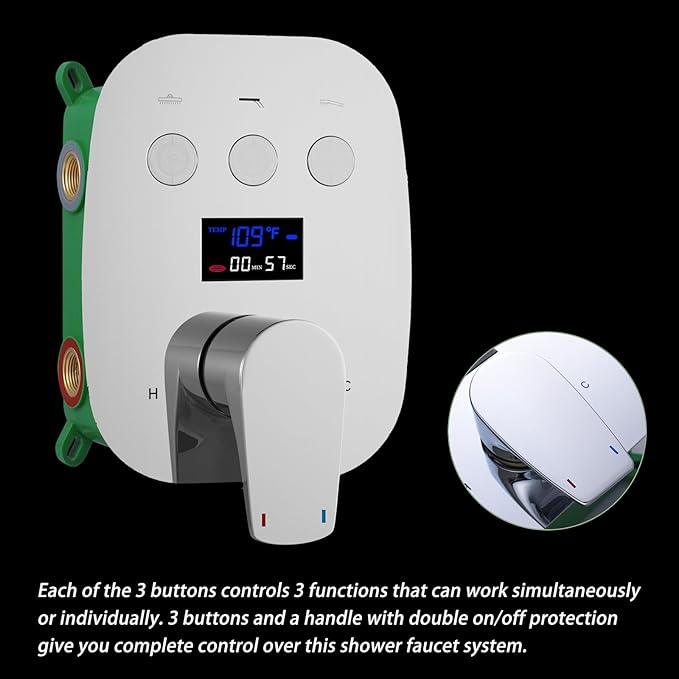 Digital Display Chrome Shower System with 12 inch Ceiling Mounted Shower Head and 8 inch Wall Mounted Shower Head, with Handheld Shower-PawvioPets