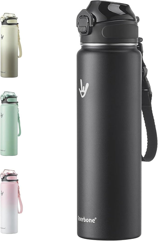 Enerbone 32 oz Insulated Water Bottle, Stainless Steel Bottle with Carrying Strap, Double-Wall Vacuum Insulation Design, Leakproof Sports Bottle with Straw, Keep Drinks Cold or Hot for Hours-PawvioPets
