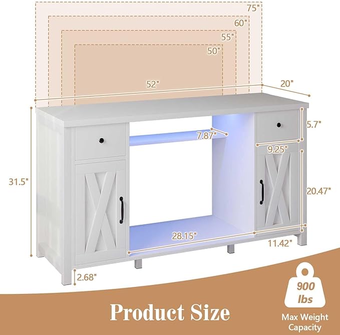 75 Gallon Fish Tank Stand with LED Light & Power Outlets, 55-75 Gallon Aquarium Stand with 2 Drawers & 2 Barn Doors, 52" L x 20" W Cabinet for 2 Fish Tank Accessories Storage, Turtle Tank, White-PawvioPets