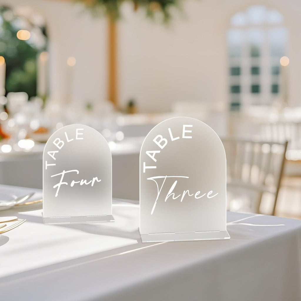 Frosted Arch Wedding Table Numbers 1-20 with Stands, 5x7 Inch Acrylic Arch Sign with Holder for Wedding Reception Table Centerpiece Decoration