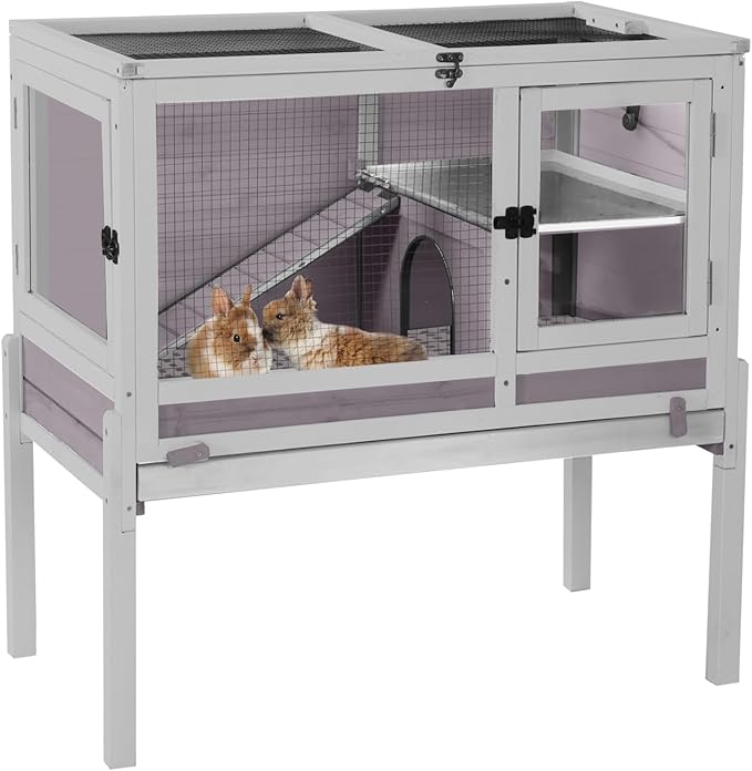 Aivituvin Rabbit Hutch with Stand Wooden Bunny Cage Indoor 2 Story Guinea Pig House with Anti Chew Ramp, No Leak Tray, Hideout, Wire Mesh (Gray)-PawvioPets