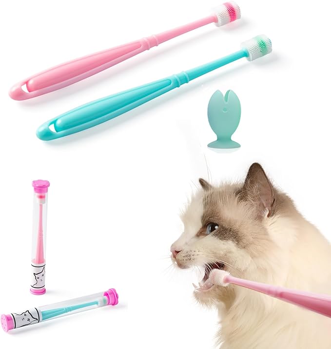 E.M&S.T by Emmeliestella Small Dog & Cat Toothbrush 360 Degree Soft Silicone, Cat Dental Care, Toothbrush Holder, Easy to Handle, Independent Packaging, Extra Suction Cup, Light Blue&Light Pink 3PCS-PawvioPets