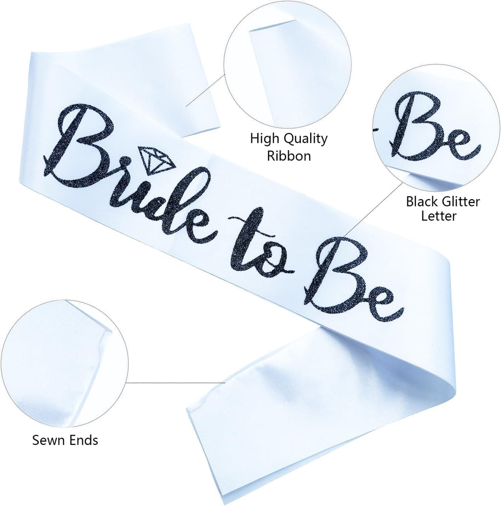 Bride to Be Sash, Bachelorette Party Sash for Bridal Shower Wedding Party Favors Accessories Supplies Engagement Gifts,White Satin with Glitter Letter Black