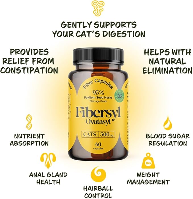 FiberSyl Ovatasyl Prebiotics for Cats Digestive Health - Cat Fiber Supplements for Constipation Relief & Support - Psyllium Husk Seed to Support Digestion Problems - Cat Stool Hardener - 60 Capsules-PawvioPets