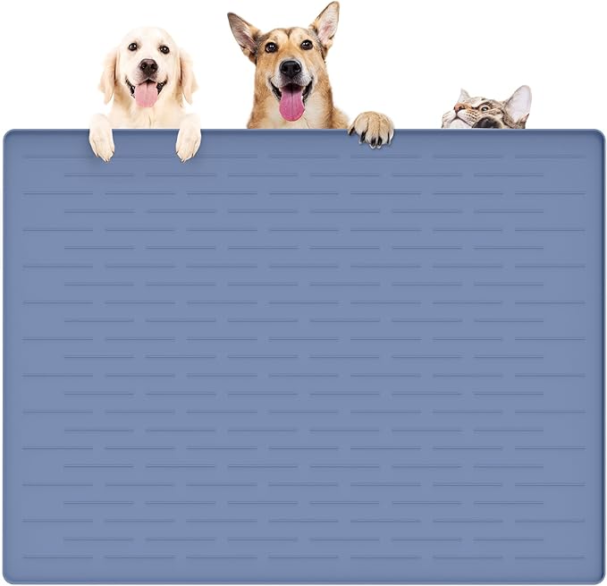 39.4"x29.5" Large Pet Food Mat, Silicone Dog Mats for Food and Water, Nonslip Pet Feeding Mats for Floors,Dog Cat Bowl Mat with Raised Edges, Lake Blue-PawvioPets