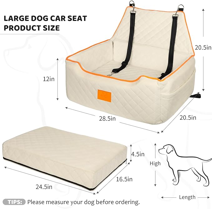 Dog Car Seat for Large/Medium Dog, Booster Seat Under 55Lbs or 2 Small Dogs, Detachable and Washable Travel Pet Seat with Thick Cushion and Storage Pockets (Beige)-PawvioPets