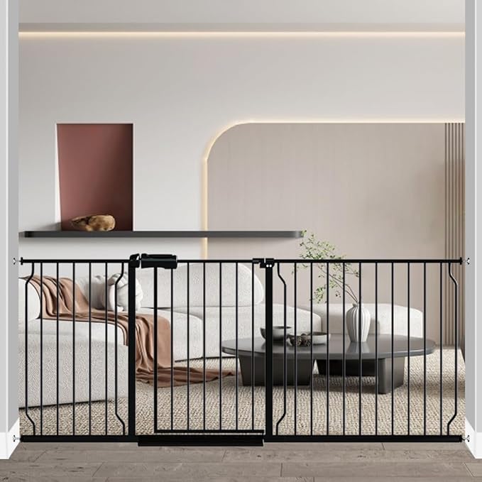 Fairy Baby Extra Wide Baby Gate 71.6-76.3 Inch Wide, Walk Through Pressure Mounted No Drill, Long and Large Tension Gate for Pet and Kids, Black-PawvioPets