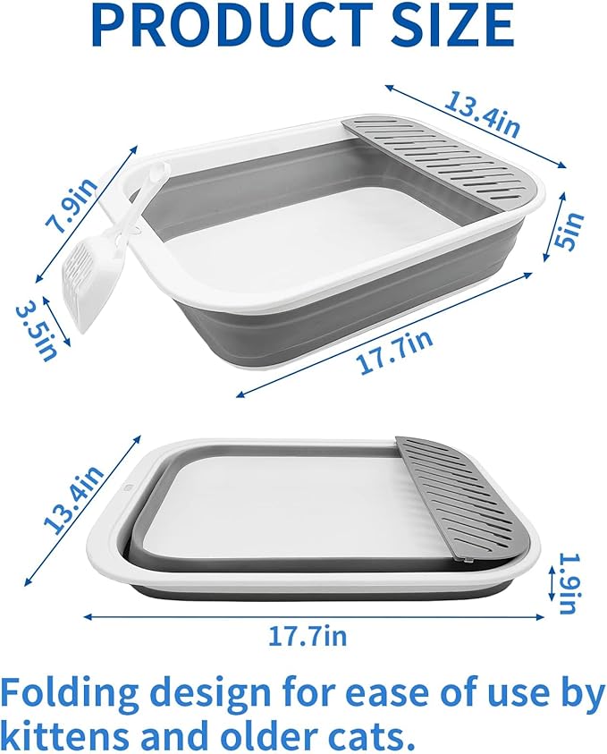 BNOSDM Collapsible Small Cat Litter Box for Kittens Open Potty Pan Foldable Cat Toilet with Scoop Senior Kitty Travel Shallow Litters Boxes Anti-Splash Waterproof Grey 17.7"×13.4"-PawvioPets