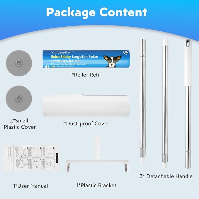 9.49'' Large Lint Rollers for Carpet and Floor, Extra Sticky Giant Rollers with 50'' Long Handle for Carpets, Couch, Floor, Clothing, and Pet Hair Cleaning(1 Pack Floor Roller)-PawvioPets