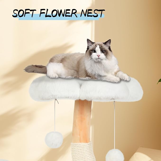 Cute Cat Tree Tower for Indoor Cats Adult, Wood Flower Cat Trees with 6 Pompoms, Modern Cat Tree Tower with Scratching Post, Aesthetic Luxury Cat Condo for Cats Kitten, Alpine White-PawvioPets
